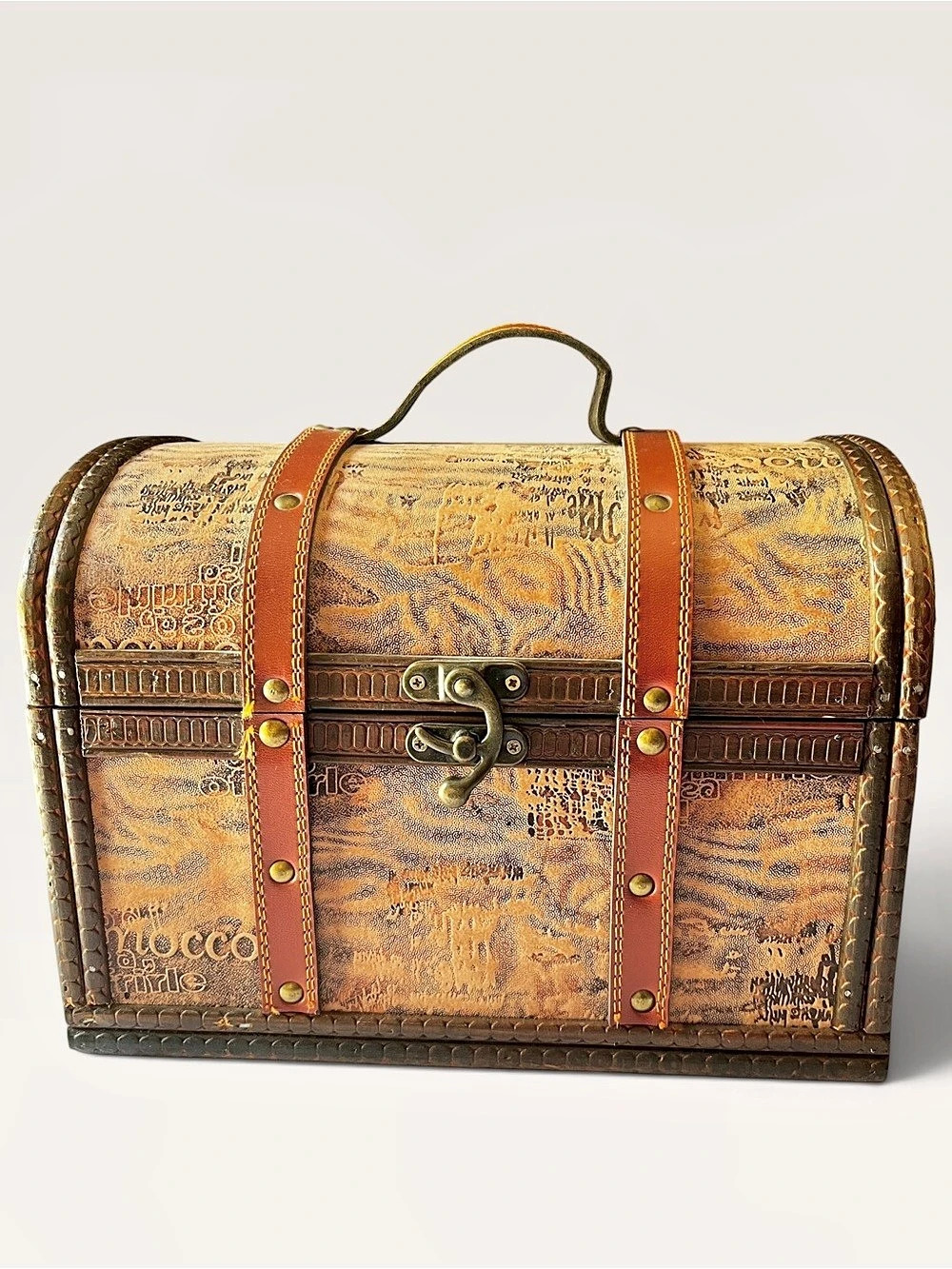 Decorative Wooden Treasure Chest Dome Top Storage Box Rustic Trunk Style
